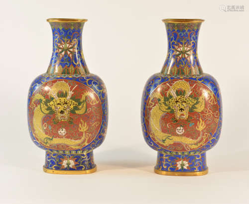 Pair Chinese Cloisonne Vases with Dragon Motif
