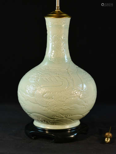 Celadon Porcelain Vase with Raised Dragon Scene