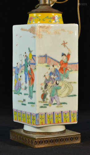 Chinese Saqure Famille Rose Lamp Vase