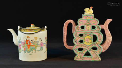 Two Chinese Famille Rose Porcelain Teapots