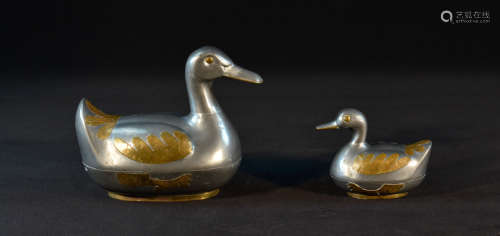 Two Chinese Pewter Duck Formed Boxes