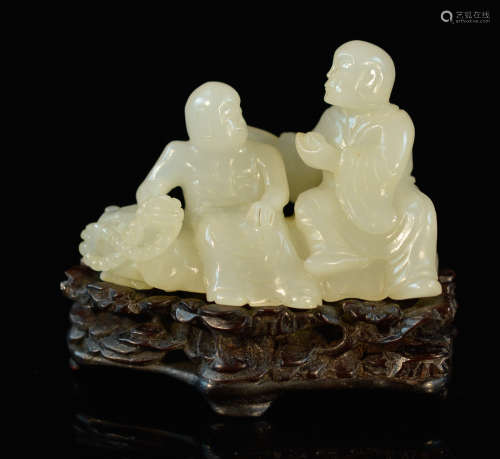 Chinese White Jade Lohan with Wooden Base