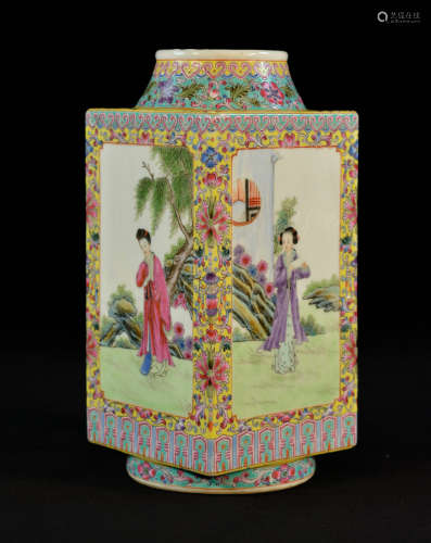 Chinese Famille Rose Square Vase with Beauty