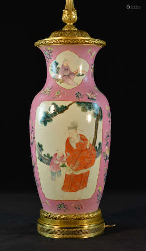 Chinese Famille Rose Porcelain Lamp Vase - Shoulao