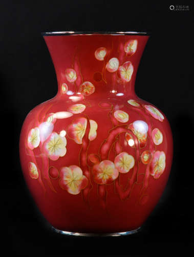 Japanese Deco Period Red Cloisonne Vase by Ando Jubei