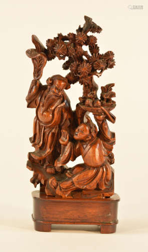 Chinese Carved Wood Immortal under Pine Tree