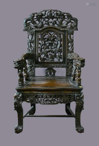 Large Chinese Rosewood Chair with Dragon Motif