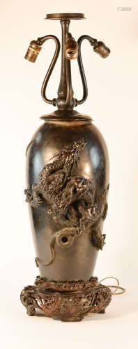Massive Japanese Bronze Vase with High Relief Dragon