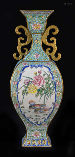 Chinese Enamled Vase with Gilt Handle