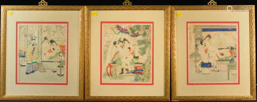 Three Framed Chinese Erotic Painting on Silk