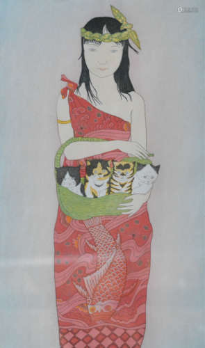 Japanese Wood Block Print of Beauty with Cats