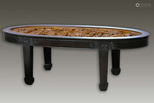 Chinese Oval Tea Table with High Relief Figural Scene