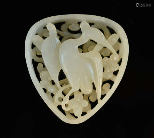 Chinese Jade Plaque of Heart Shape - Heron Motif