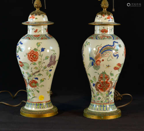 Pair Chinese Famille Verte Porcelain Lamps