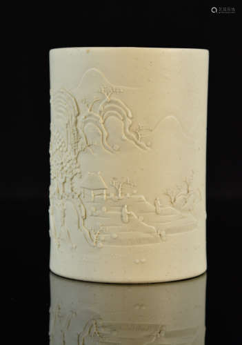 Chinese Bisque Porcelain Brushpot with Landscape Scene