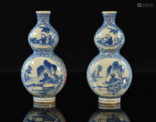Pair Chinese Blue White Double Gourd Vase