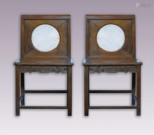 Pair Chinese Rosewood Chairs with White Marble Insert