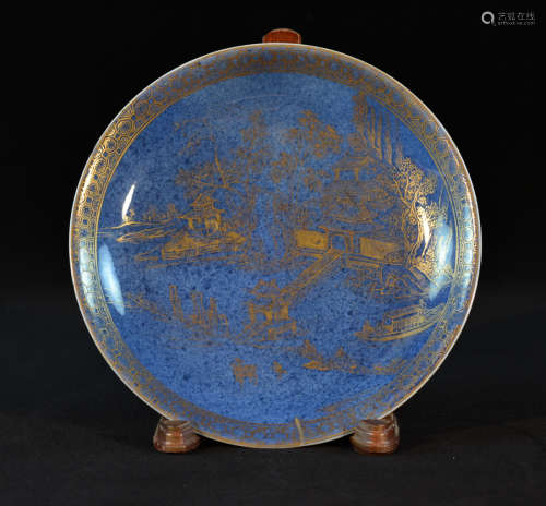 Chinese Powder Blue Porcelain Dish with Gold Decoration