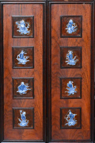 Pair Chinese Wood Wall Panel with Porcelain Inserts