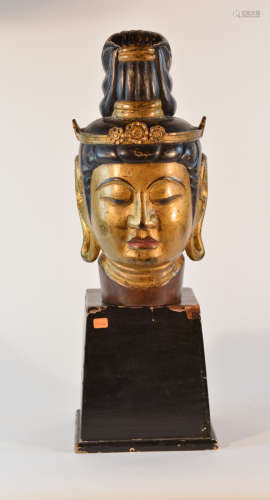 Antique Carved Wood Buddha Head with Base