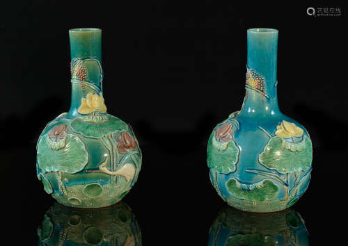 Pair Chinese Sancai Porcelain Tian Chung Vases