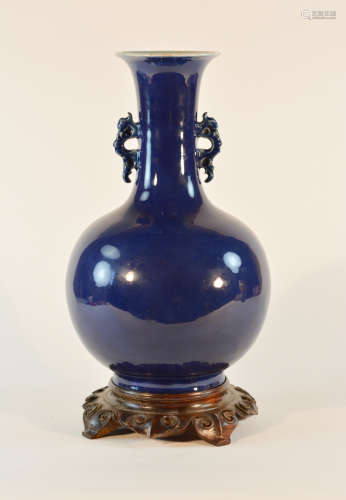 Chinese Blue Glazed Monochrome Vase with Dragon Ear