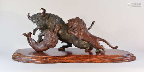 Japanese Bronze Bison and Lion Group
