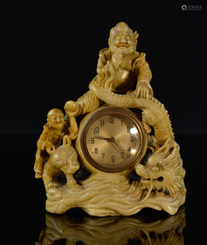 Chinese Soapstone Desk Clock - Lohan and Dragon 