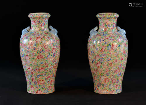 Pair Chinese Milifloral Porcelain Vases with Bat