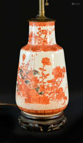 Chinese Porcelain Lamp with Rooster Scene