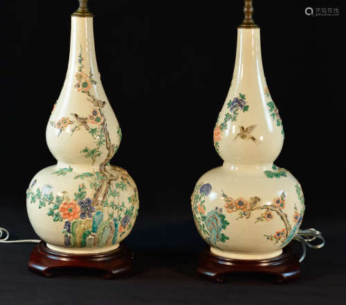 Pair Japanese Satsuma Double Gourd Vases