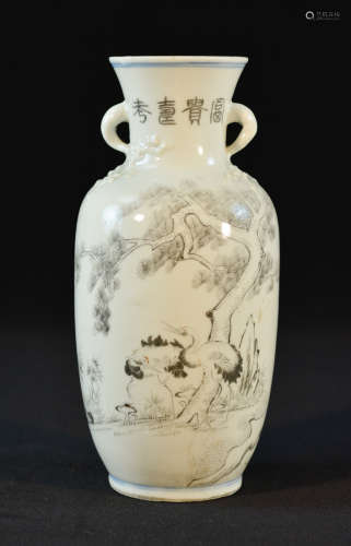Chinese Porcelain Vase with Grasile Etched Crane Scene