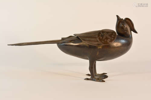 Chinese Bronze Bird Incenser with Silver Inlay