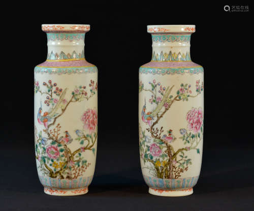 Pair Chinese Famille Rose Rouleat Porcelain Vases