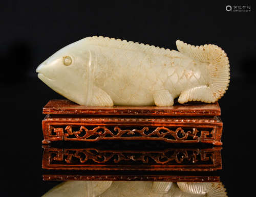 Chinese Carved Jade Fish on Wood Stand
