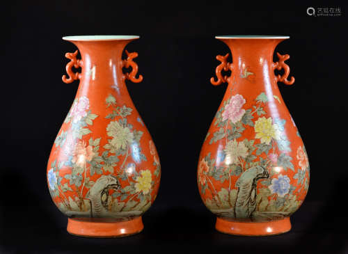Pair Chinese Porcelain Vases with Coral Red Vases
