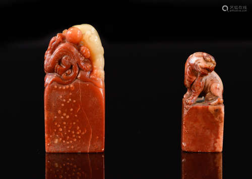 Two Chinese Soapstone Seals with Animal Finial