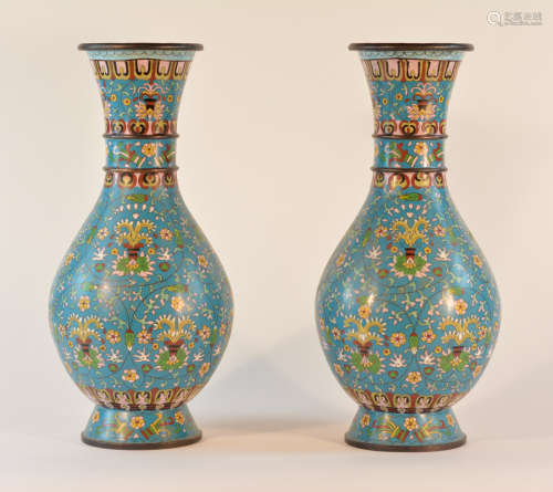 Pair Chinese Cloisonne Vases - Lotus Floral Scene