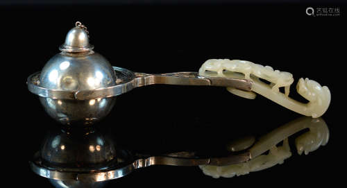 Chinese Silver Oil Lamp with Jade Belt Buckle Handle