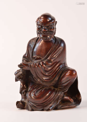 Chinese Carved Wood Seated Lohan with Scroll in Hand