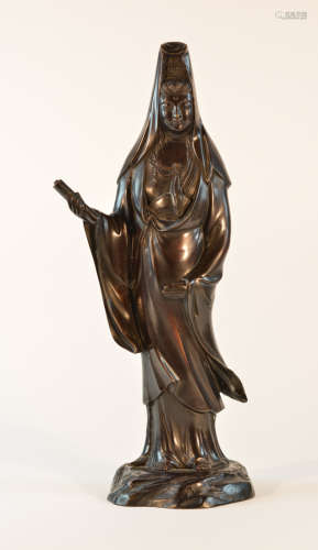 Chinese Bronze Standing Kuanyin with Scroll in Hand
