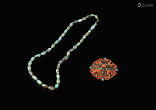Chinese Silver Pedant with Coral Turquois Necklace