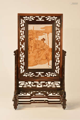 Chinese Table Screen with Etched Scene