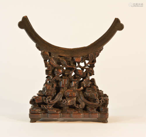 Chinese Carved Wood Stand with Rock and Peach Pattern