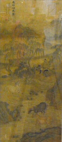 Chinese Framed Painting of Scholar and Horse Scene
