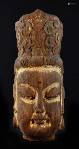 Chinese Wood Kuanyin Head with Trace of Polychrome