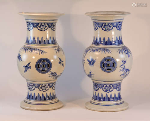 Pair Chinese Blue White Porcelain Garden Pedestal