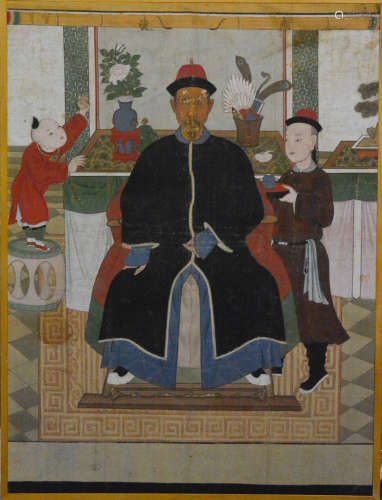 Large Chinese Scholar with Boy Scene Painting - On Silk