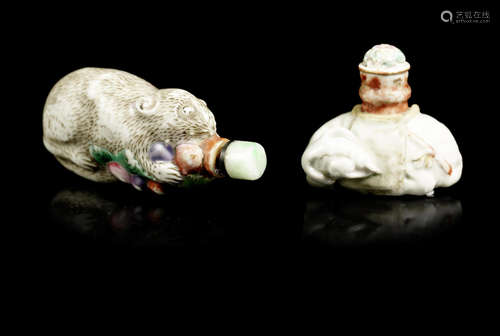 Two porcelain snuff bottles.  The elephant late 18th century; the squirrel Jiaqing/ Daoguang