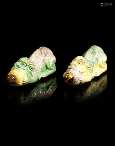 Two porcelain 'Buddhist lion' snuff bottles.  18th/19th century